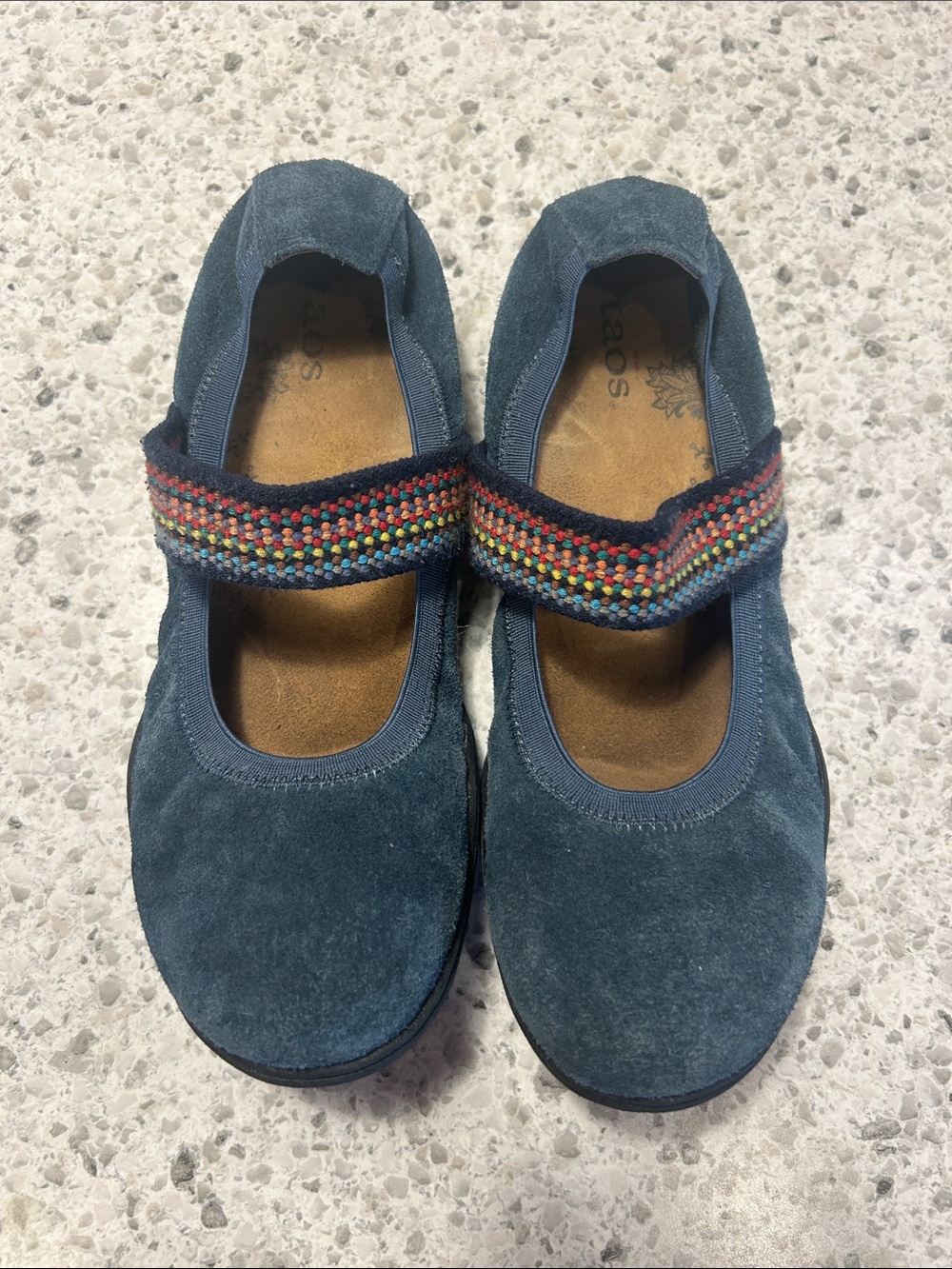 Taos Footwear Teal Suede Mary Jane Flats with Multicolor Rainbow Strap